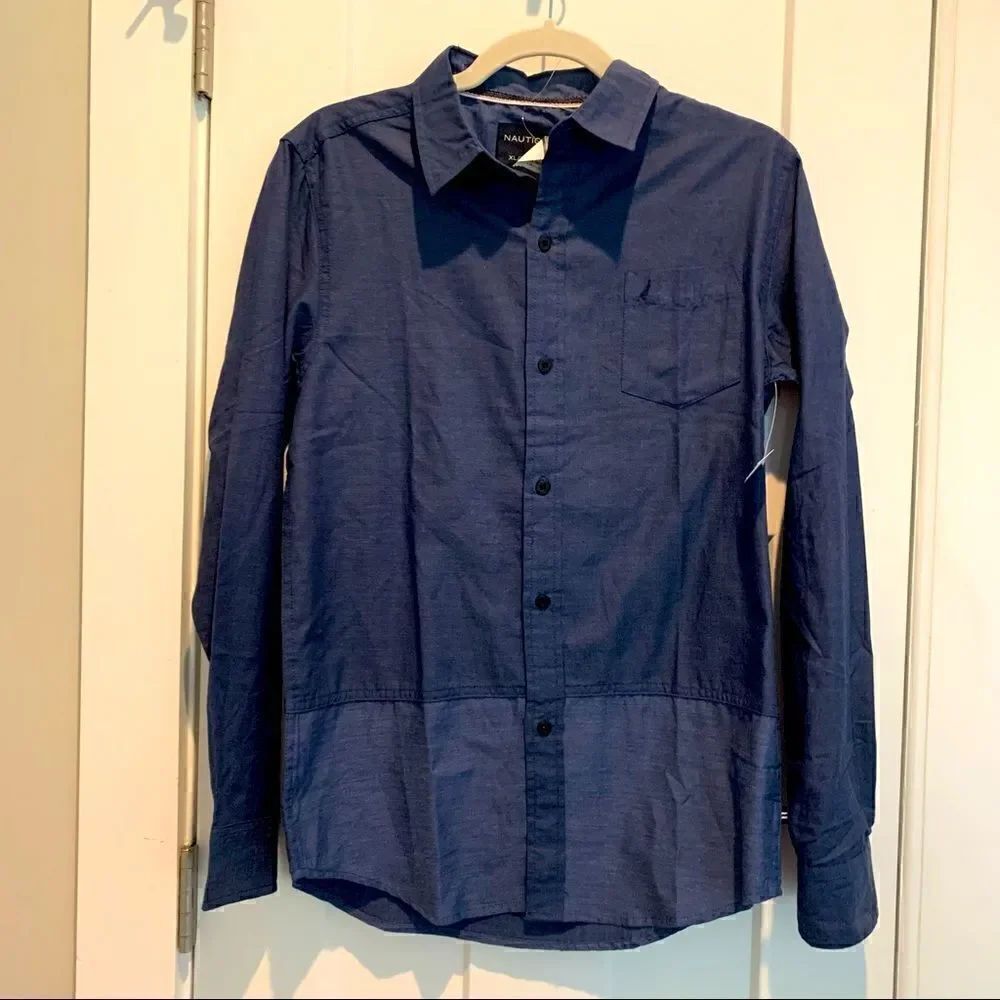 Nautica Button-Down Collared Navy Blue ColorBlock Untuck Shirt Boy’s XL NWT - Picture 2 of 10